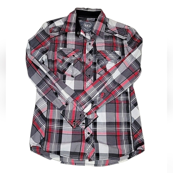BKE Other - Buckle BKE Men's "Slim Fit" Plaid Button Down Long Sleeve Red Gray Blk, X-Small